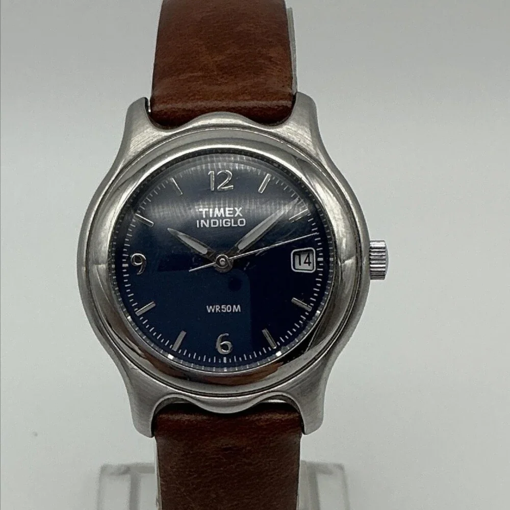 Timex Indiglo WR 50M Womens Watch 28mm Blue Dial Brown Leather New Battery